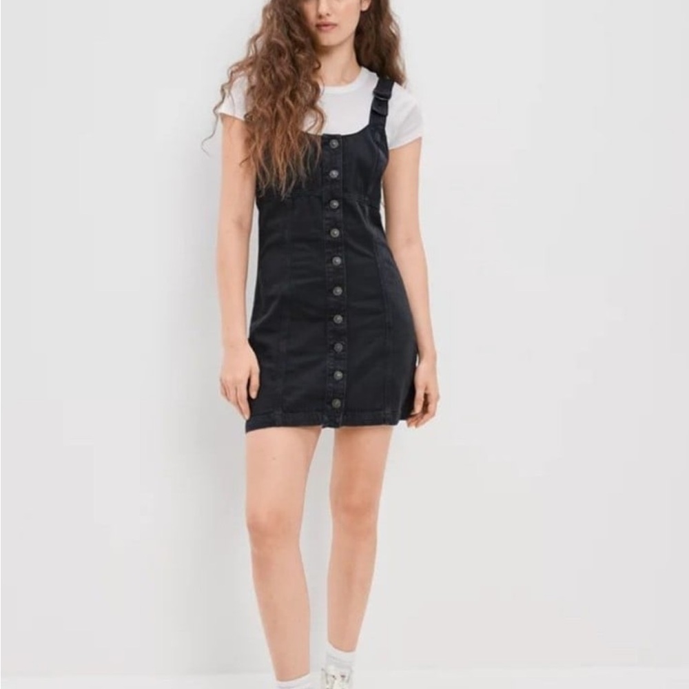 AE Button-Front Denim Mini Dress in Washed Black, Small